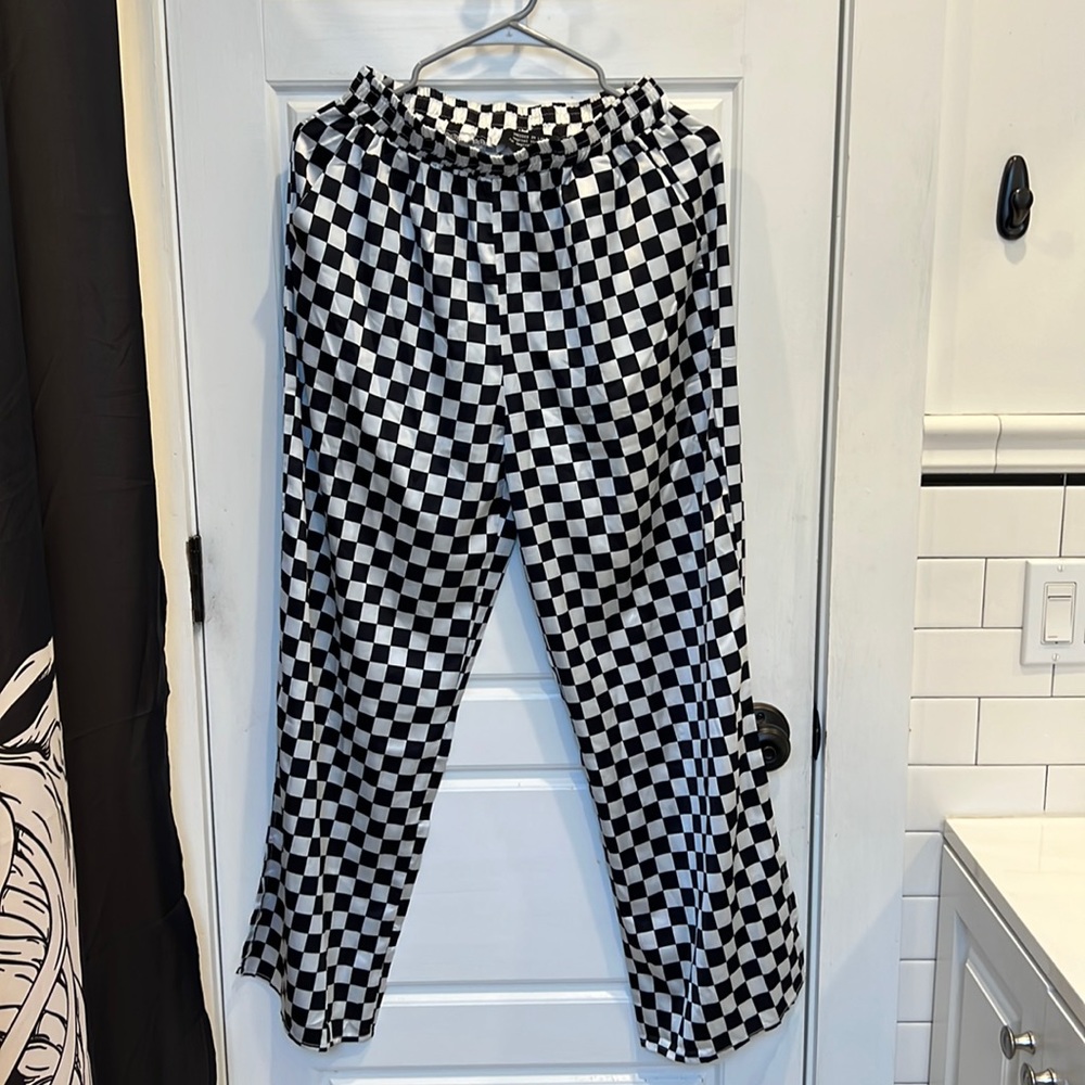 Black and white checkers Dressed in LaLa pants with scrunch waistband.